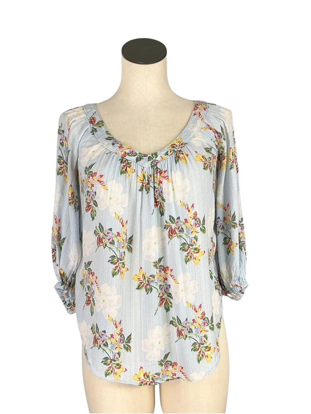 Anthropologie Maeve Boswell Womens 0P Floral Stripe Top Blue Multi 3/4 Sleeve
